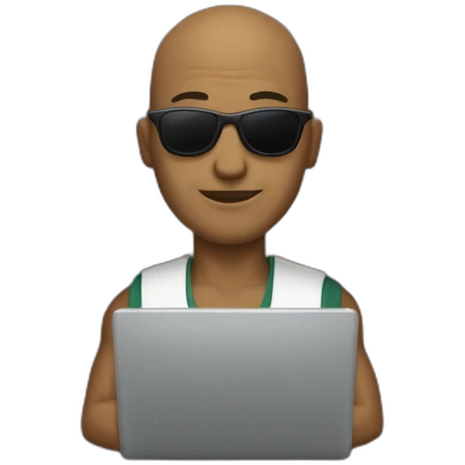 a stronge bald man with sunglasses holding a laptop emoji