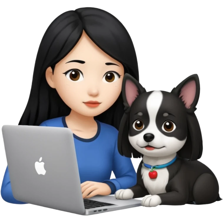 Asian girl with long black hair working on an Apple laptop, next to her is a small black and white dog with no collar on  emoji