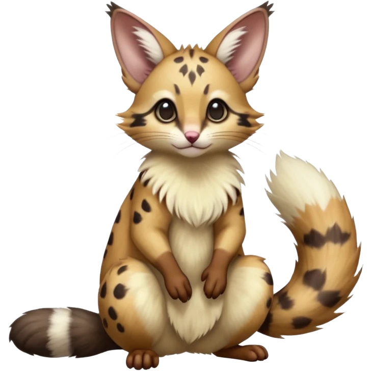 Hyper realistic  beautiful elegant pretty precious cute  Fakémon-Pokémon-opossum-feline-serval-caracal-chinchilla-Furret-Minccino-hybrid-creature with a big fluffy bushy tail (full body) emoji