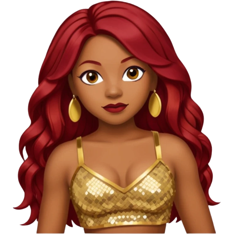 LaTavia Robeson with long dark red hair, gold sequin crop top  emoji