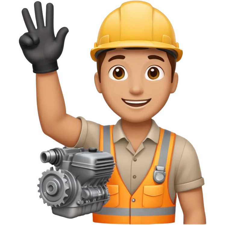 worker holding a car engine part in one arm, waving right hand, cheerful expression, emoji style emoji