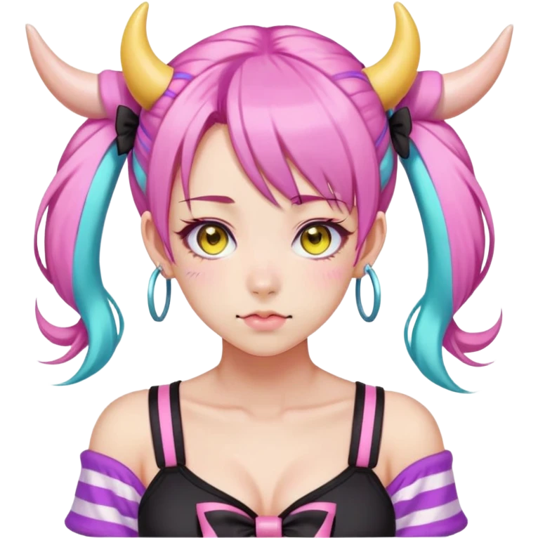 En anime-ku-jente med to rosa lange tykke fletter og cyan striper i håret, horn, og ku-ører, sort BH-topp over en gul cropped-fleece-blouse, lilla øyne, søt sløyfe på halsen  emoji
