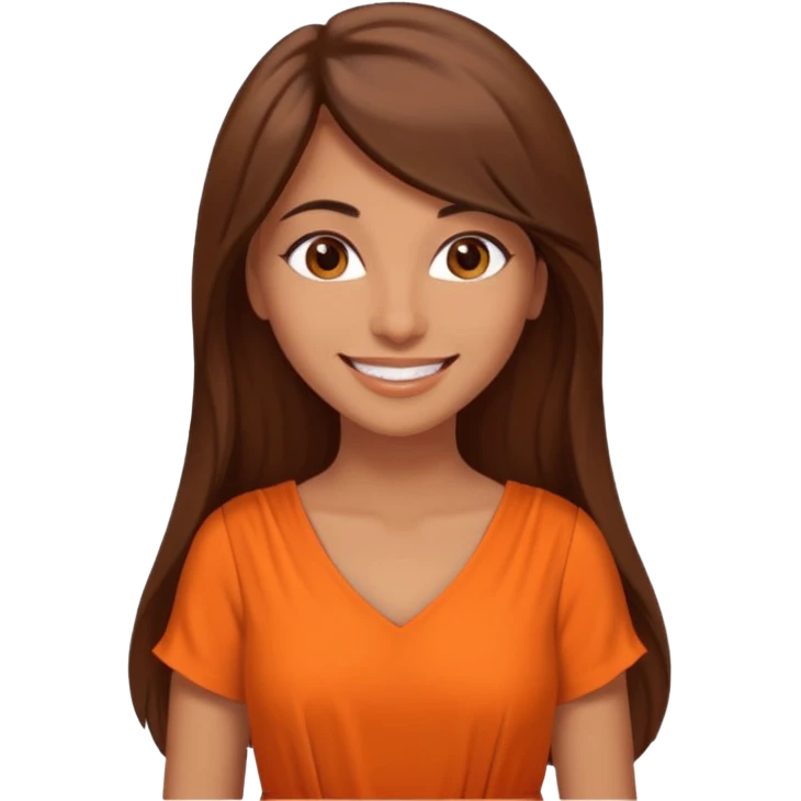 30 yr old middle eastern woman straight brown hair side bangs big smile tanned skin brown eyes orange dress long hair emoji