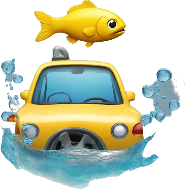 Upside car under water with a fish emoji
