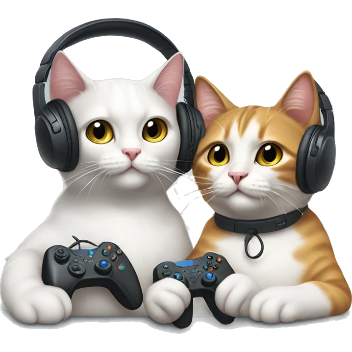 two cats gaming with headsets on and controllers in their paws emoji