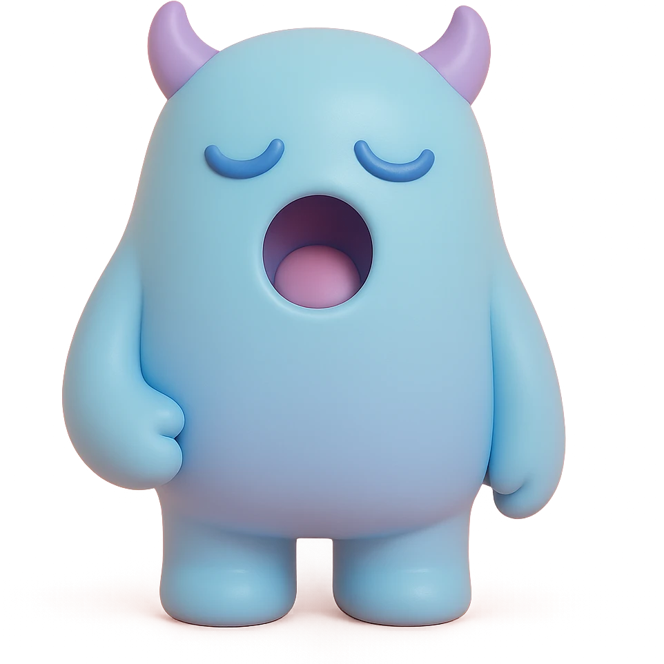 sleepy monster with half-closed eyes yawning, soft blue and lavender colors, toy-like vinyl figure style emoji