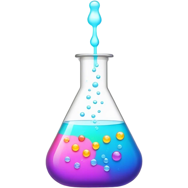 A bubbling chemistry flask filled with a glowing, colorful liquid. Tiny, unfinished emoji icons float above it, as if forming from the experiment. Soft mist rises from the flask, creating a mystical and creative atmosphere. Flat, minimalist digital illustration, empty state design, neutral background. emoji