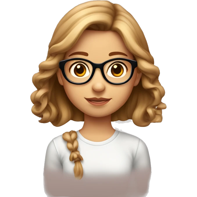 Niña de 13 años, piel blanca, ojos cafes, cabello castaño claro y rubio, lentes rosados, pelo riza emoji