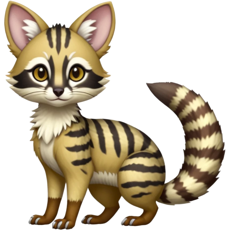 Cute elegant hyper-realistic lifelike furry Civet-Genet-Possum-Serval-Caracal-Sergal-Trico-Numbat-Furret-fusion-Fakemon-hybrid-creature (full body) with long tufted ears and a striped tufted tail  emoji