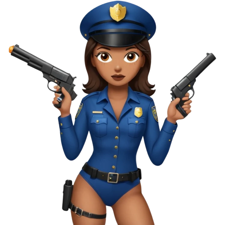 A sexy girl. with caramel skin. Dark brown hair and brown eyes. She has freckles. Wearing sexy makeup. Dressed as a sexy cop. wearing lingerie. Wearing heels. Holding a gun emoji