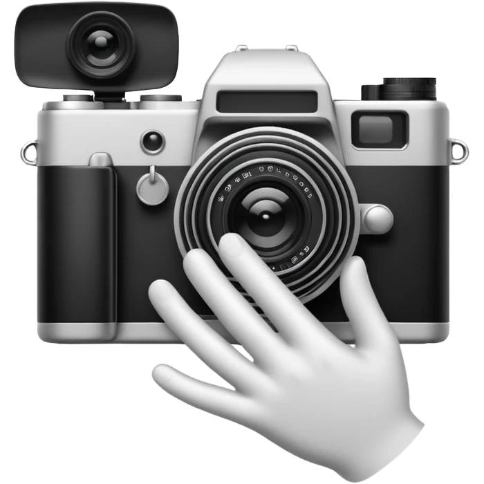 Minimalist emoji-style sticker of a photo camera ejecting a photo, but a hand comes out instead. Black and white, surreal icon. emoji