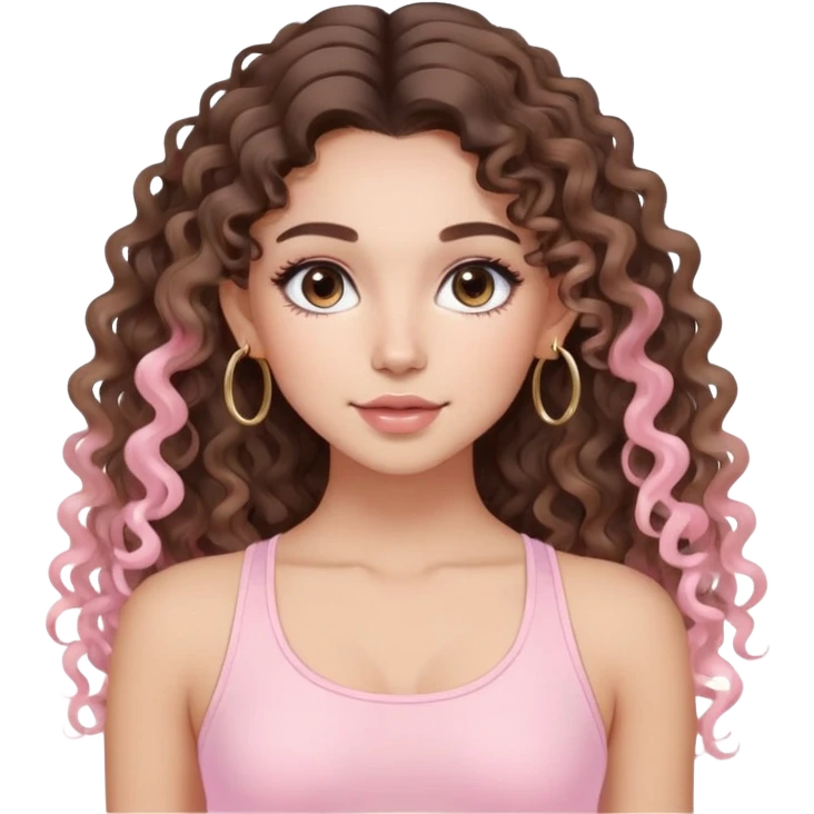 cute balayage brunette long hair curly/wavy haired girl, hoop earrings, clean girl makeup DOING pilates with a cute pastel pink set emoji