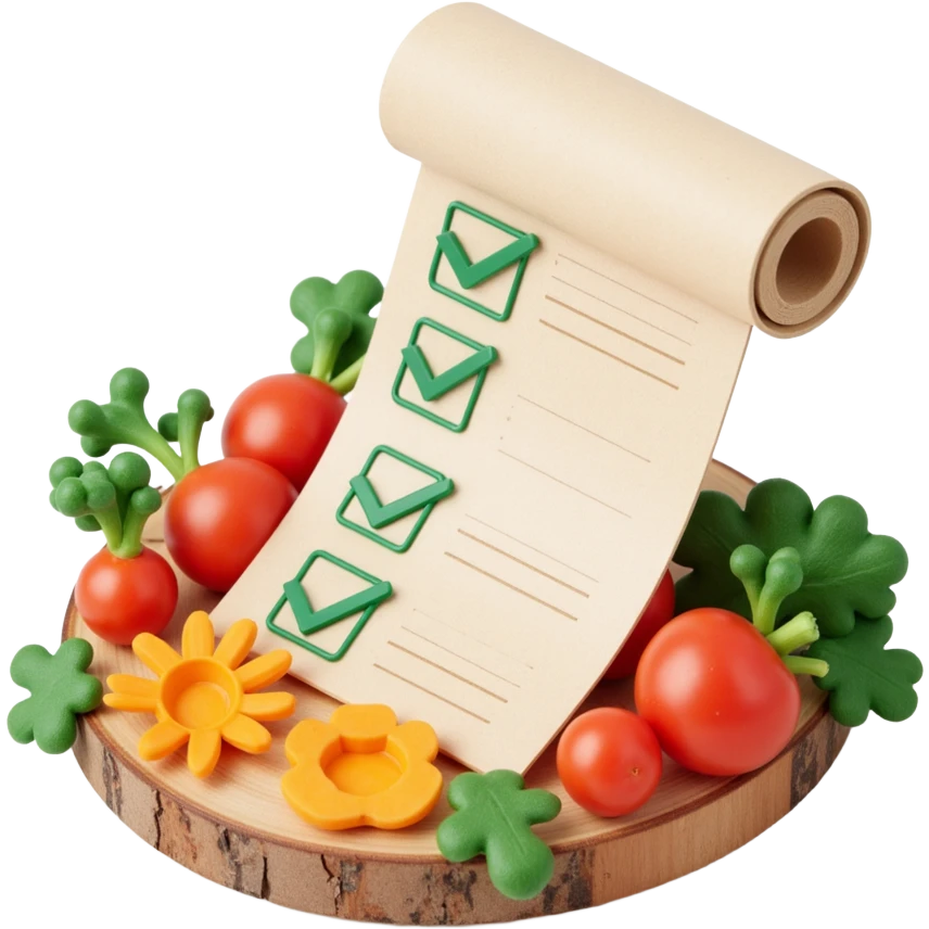 floating rolled paper list with green checkboxes and around vegetables emoji