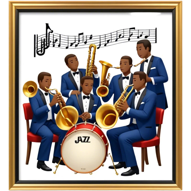 Icon for Jazz Music: The Jazz Messengers, featuring a dynamic composition with Art Blakey on drums and musicians playing saxophone, trumpet, and piano. Musical notes and a warm jazz club atmosphere emphasize the vibrant hard bop style. Transparent background. emoji