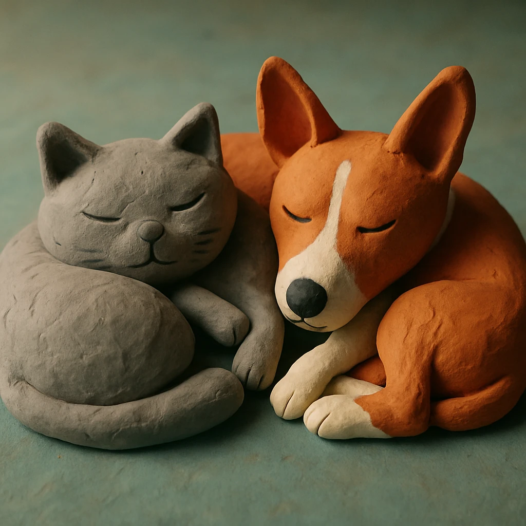A gray British Shorthair cat curled up and sleeping next to a red Basenji dog emoji