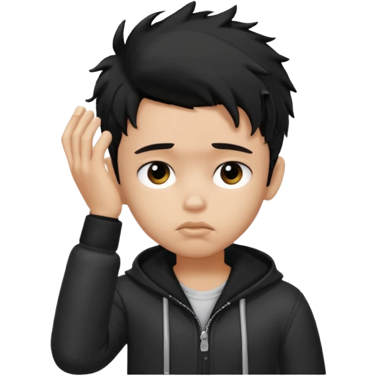 a PRETTY BRATZ boy with black messy hair, one hand on head. looking sad emoji