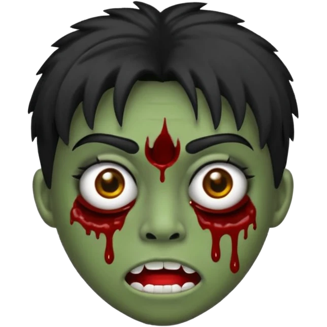 Emoji de uma garota zumbi com os cabelos longos, lisos e pretos. Ela usa uma franja curta que cobre toda a sua testa. Tem a pele esverdeada e ferimentos no rosto ultra-realista e cobertos com sangue, usa uma blusa branca rasgada e suja de poeira. emoji