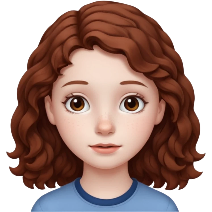 15 year old girl with pale skin, dark freckles, rosy cheeks, and wavy brown hair. emoji