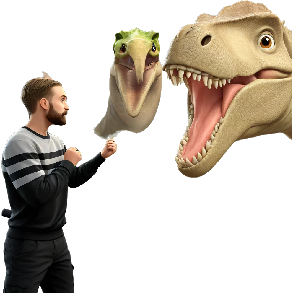 boy with dinosaur in nature emoji