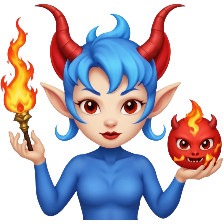 Female devil Cute blue imp holding fireball,  cute face, half body emoji