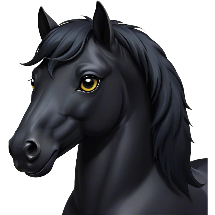 Cinematic Comical Black Horse Portrait Emoji, Head tilted dramatically with an exaggeratedly amused expression, featuring a striking jet-black fur with a glossy finish and wide, expressive dark eyes filled with playful disbelief, Simplified yet hilariously expressive features, highly detailed, glowing with a slightly sassy glow, high shine, dramatic yet playful, stylized with an air of cheeky mischief, bright and endearing, soft glowing outline, capturing the essence of a spirited and over-the-top horse, so meme-worthy it feels like it could side-eye its way into internet fame instantly! emoji