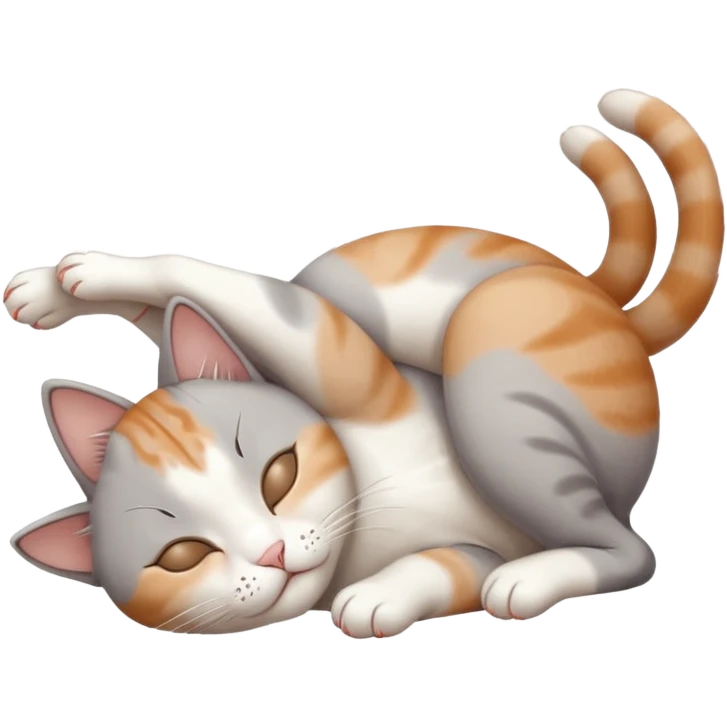 grey and white small cat eyes with closed lying down upside down with paws stretched out straight in different directions emoji