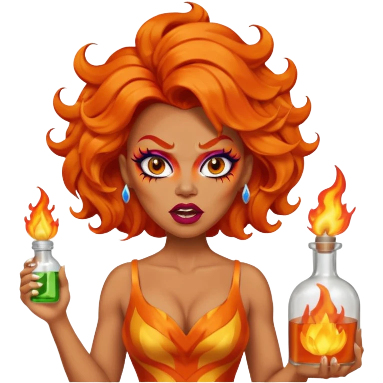 A fierce drag queen emoji with bright orange wavy hair styled with a bottle on top, dramatic makeup, expressive angry face, and an orange flame-themed dress. emoji