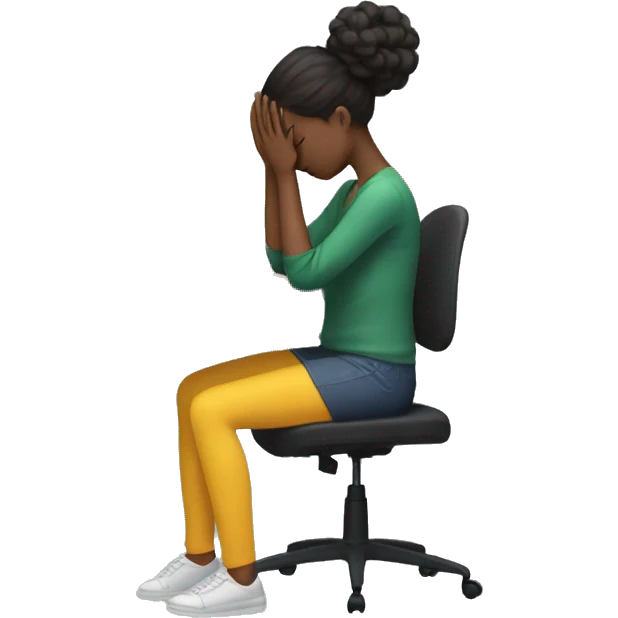 full body girl sitting at her desk with her hands on her head, she is visibly stressed with a computer in front of her. she is faceless emoji