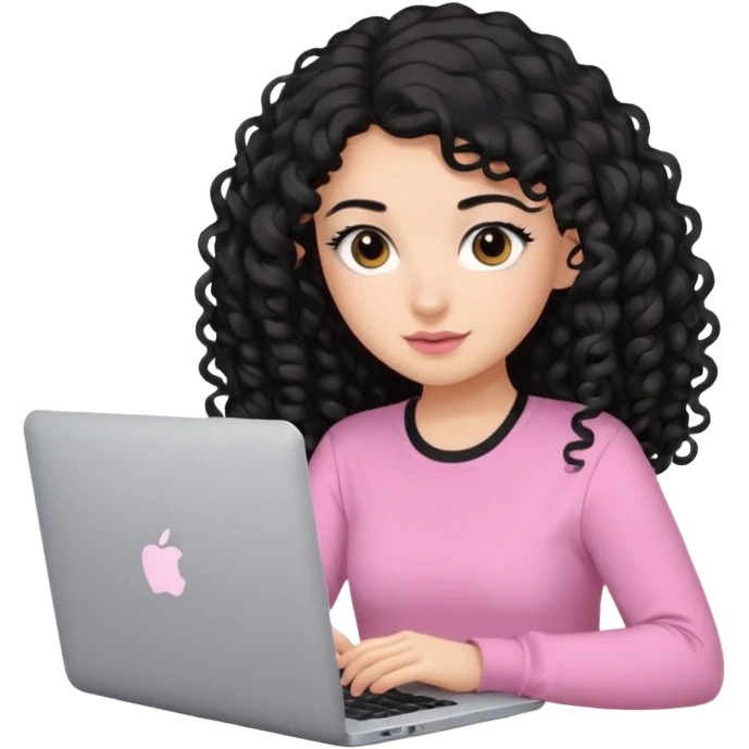 a girl typing mac book with long black curly hair and brown eyes with black eyeliner, pink shirt, social media manager emoji