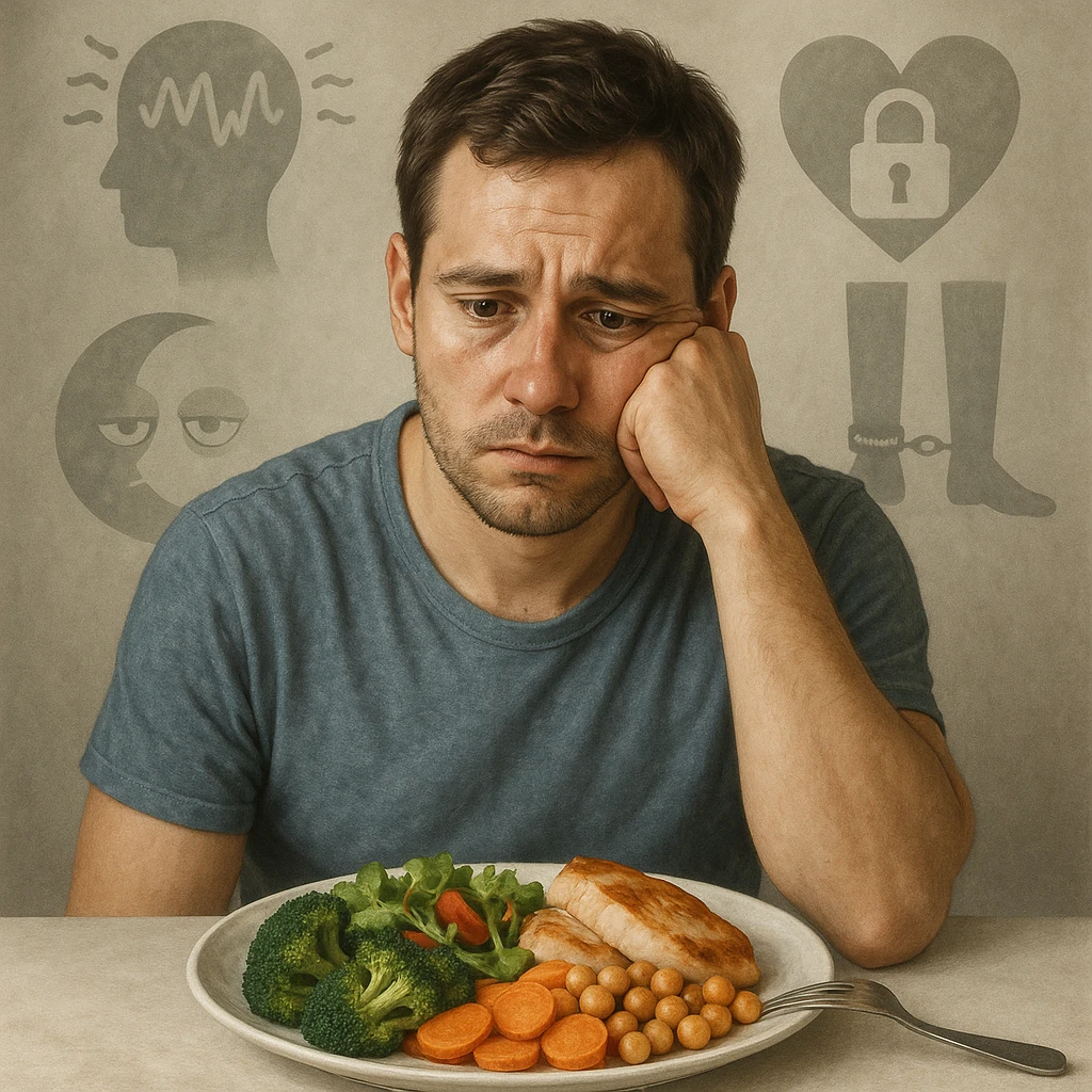 Realistic style illustration of a 30-year-old man sitting in front of a healthy plate, with a worried expression. Behind him, transparent and blurred symbolic elements: a stylized head with vibrating lines representing stress, a heart locked with a padlock representing emotions, a moon with tired eyes representing insomnia, and still legs with chains representing sedentariness. Realistic style with symbolic elements. emoji