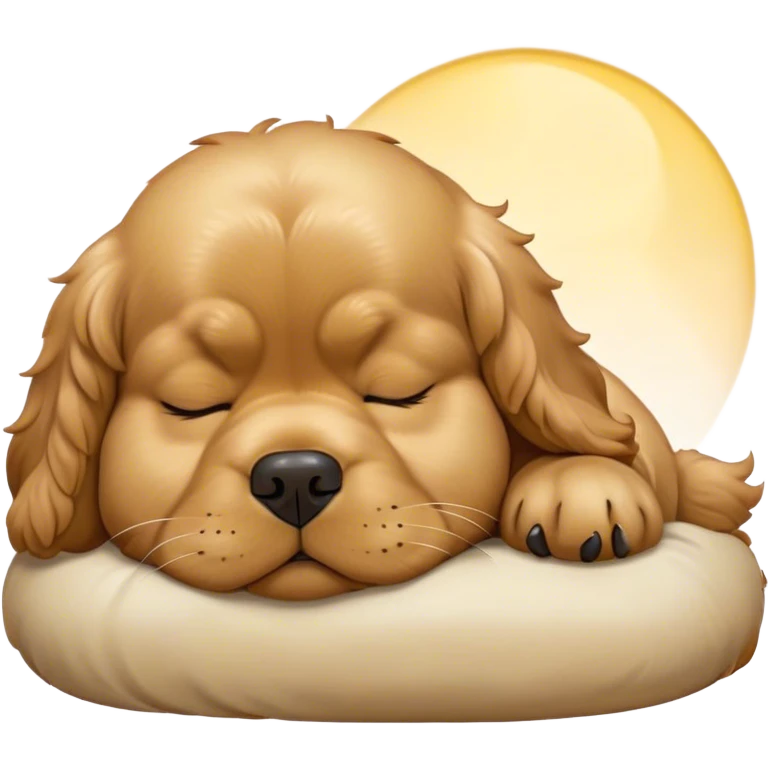Cinematic Meme-Worthy Chubby Sleeping Gold Cocker Spaniel Portrait Emoji, Head resting peacefully with a contented smile, showcasing a delightfully chubby build and a luxuriously soft golden coat, eyes shut in a serene nap, Simplified yet hilariously adorable features, highly detailed, glowing with a soft, drowsy light, high shine, relaxed and utterly lovable, stylized with an air of playful laziness, bright and heartwarming, soft glowing outline, capturing the essence of a comically sleepy companion, so meme-worthy it feels like it could instantly become the next viral sensation of adorable slumber! emoji