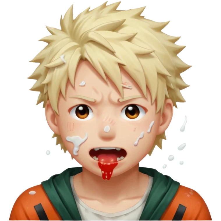 Katsuki Bakugo’s face showing physical delight and a blushed face with white glue splattered around his mouth With lots of drool emoji