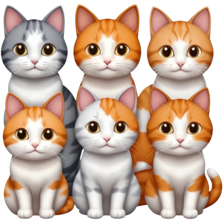 6 cats with different coloured coats, 2 are grey and white, 1 is grey with a little white, 1 calico, 1 brown tabby and white and one ginger and white emoji