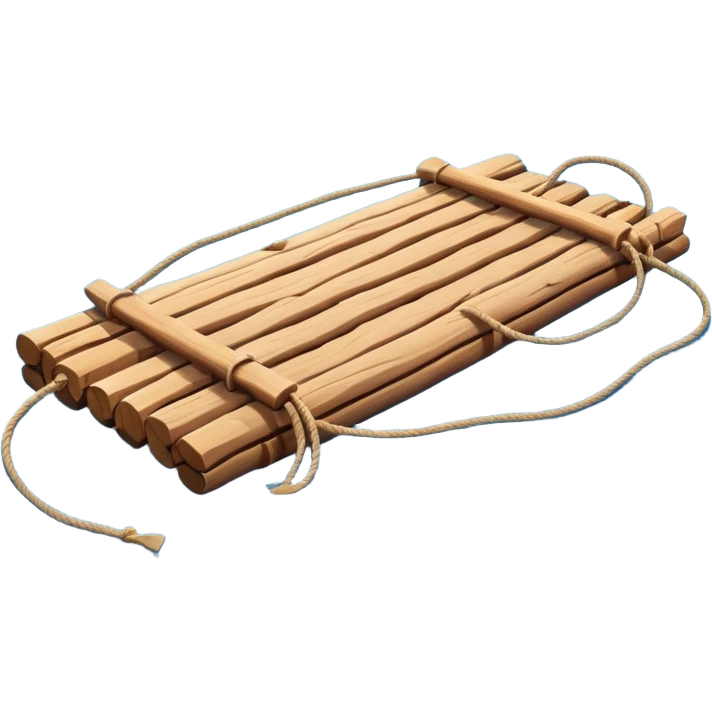 showing a simple wooden raft floating on calm blue water — made of several brown logs tied together with rope — gentle ripples around it — bright, cheerful lighting and soft shadows — minimalist, clean emoji design emoji