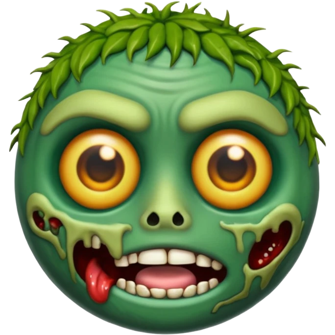 emoji de zumbi realista estilo 3D, pele verde podre, cicatrizes, olhos brilhando, expressão assustadora, fundo transparente emoji