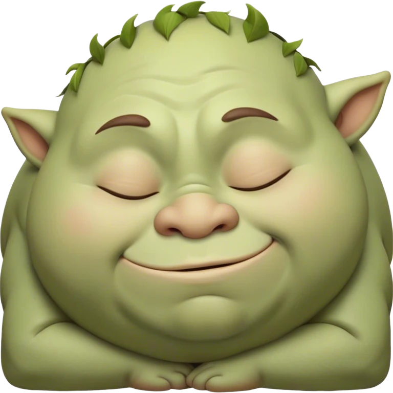 Meme-Worthy Cute Sleeping Ogre Portrait Emoji, with a surprisingly endearing, plump figure in soft earthy greens and browns, head drooping gently with closed, relaxed eyes and a content, sleepy grin, simplified yet adorably detailed, glowing with a soft warm outline that captures the peaceful slumber of a friendly ogre after a day of gentle mischief! emoji