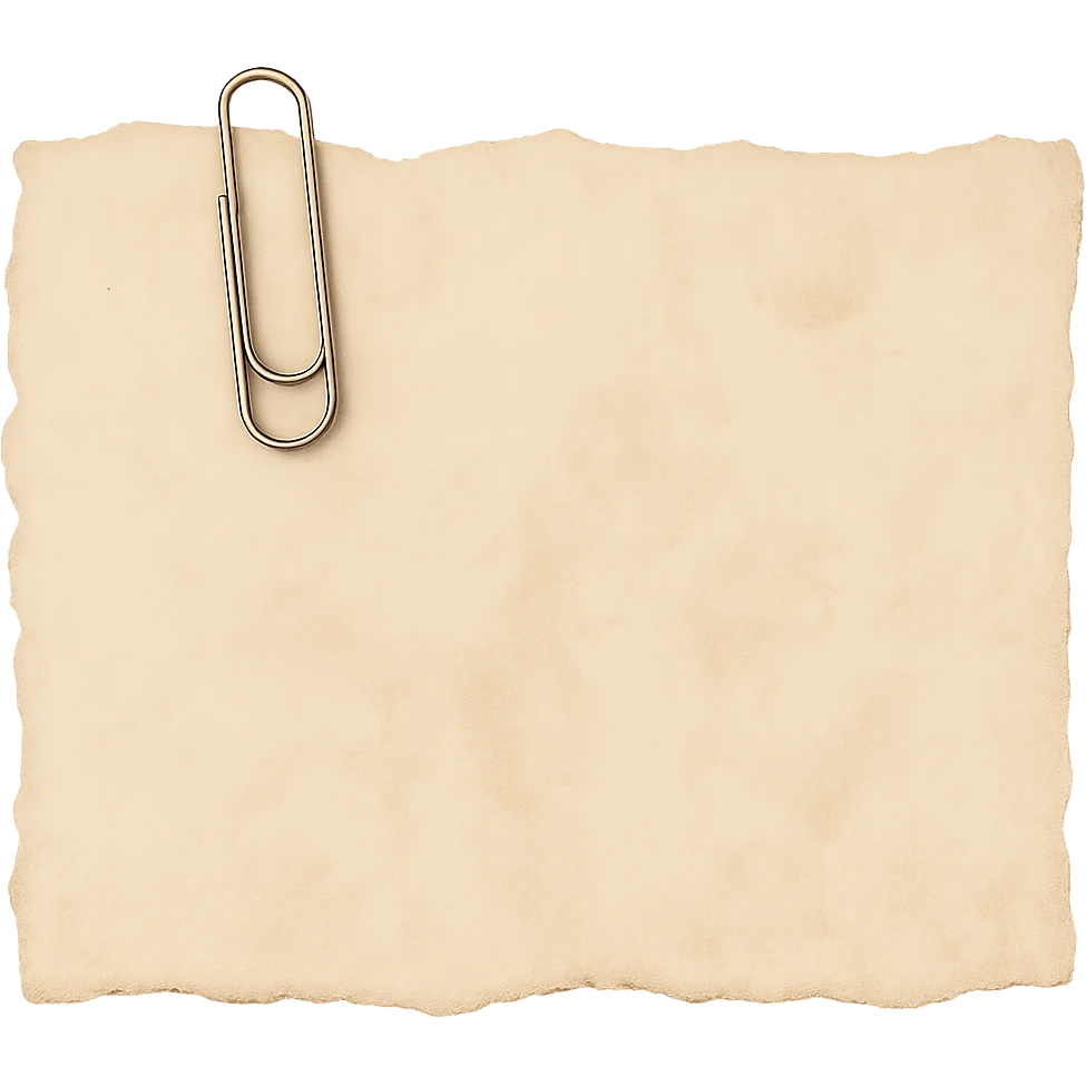 Add a realistic silver paperclip accent to the faded beige torn notebook paper scrap with irregular edge. Keep the watercolor texture and transparent background. No face, no hands, no legs, no characters. emoji