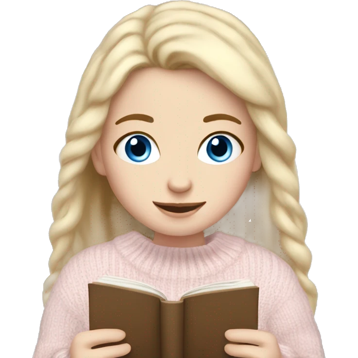 Pretty blue eyed white girl with light pink sweater reading cozy emoji