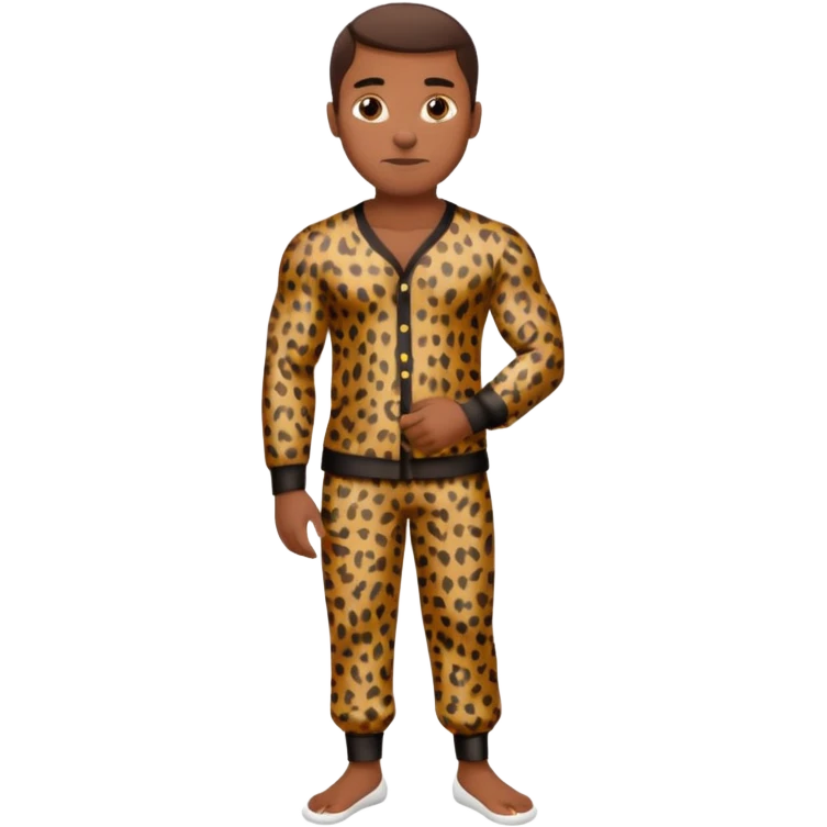 Handsome Black man with brown skin tone, with muscular build, wearing long sleeve leopard print pajamas and white slippers emoji