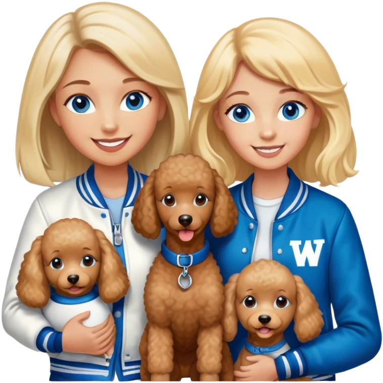 smiling mother in letterman jacket with W and Blue eyes, two Little girls Long blond straight hair and Blue eyes, one brown poodle puppie emoji