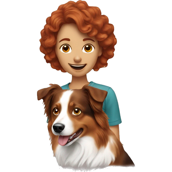Create an emoji with a redheaded woman and a 2 miniature Australian shepherd dog emoji
