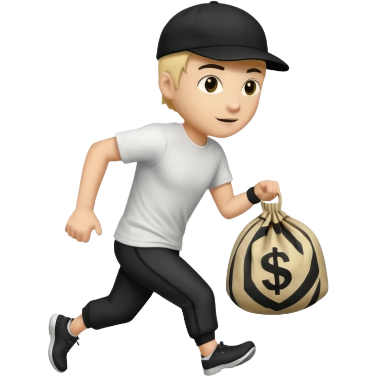 Thief with black cap white t-shirt with black tripes all ower the shirt emoji runing with money bag emoji