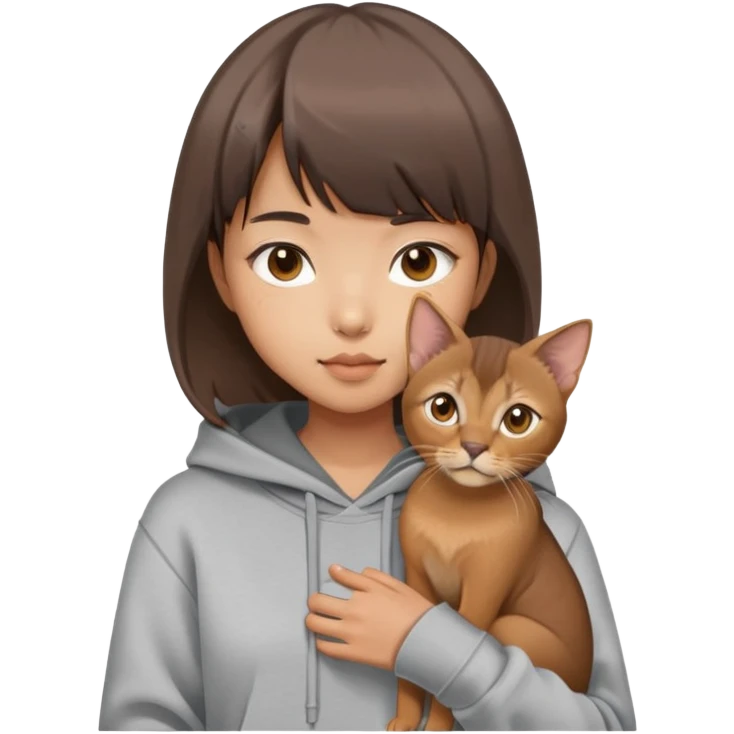 a asian girl with short brown hair and bangs holding an Abyssinian cat， wearing grey hoodie emoji