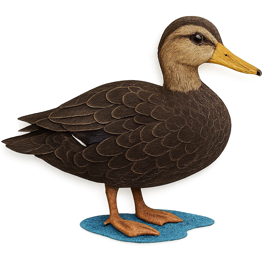 very detailed American Black Duck in paper craft style, intricate cut paper textures, dark brown feathers, lighter face, realistic markings, standing near water emoji