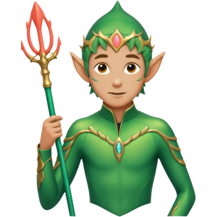 male elf in iridescent wetsuit, coral staff. Gills on neck legolas emoji