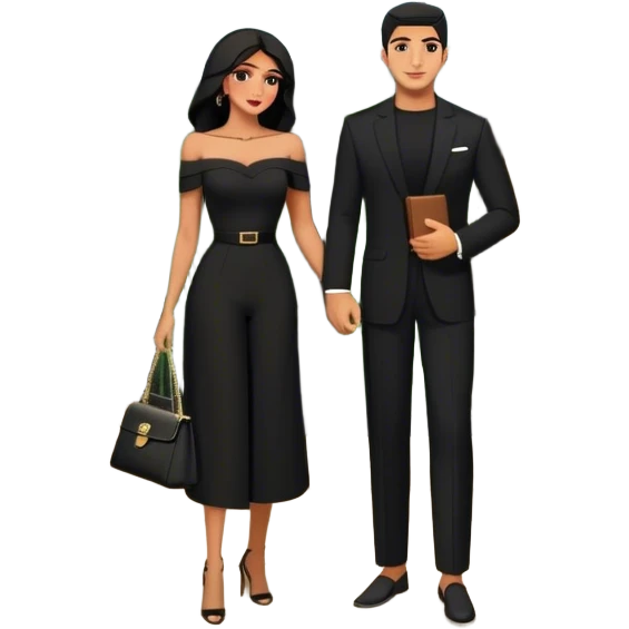 the Lebanese man dressed in all black, and the Palestinian woman in an elegant off-shoulder cream-colored outfit with a matching handbag. The background features a textured stone wall, an iron window, and lush greenery, adding a timeless, vintage charm to the scene. Arabic couple  emoji