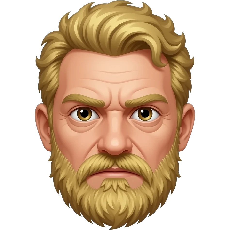 A weary white mean with short curly golden hair with flecks of grey and a shaggy yellow beard. He has hollowed out eyes and is very cynical. emoji