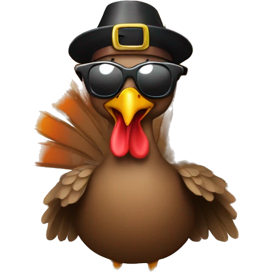 Turkey with sunglasses holding a banner that says happy thanksgiving  emoji
