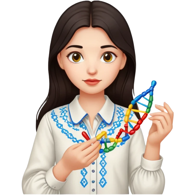 Ukrainian girl with dark hair in an embroidered traditional shirt holds a DNA molecule in her hand emoji