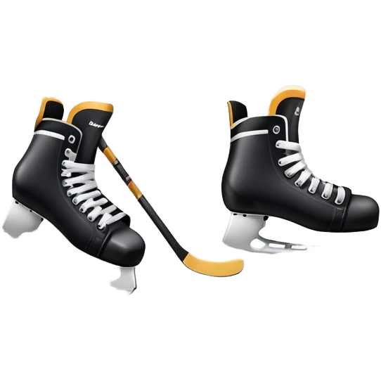 Please, make An icon featuring close-up shots of key hockey equipment: a hockey stick, puck, and skates. The background shows a packed stadium with cheering fans, bright arena lights, and an icy rink. Transparent background highlights the essentials of the game and the thrill of the sport. emoji